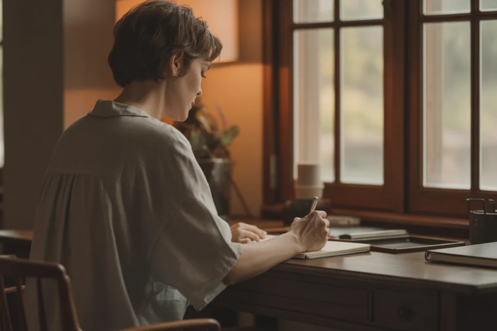 A person engaged in a purposeful solo activity that suggests intentional self-directed work 