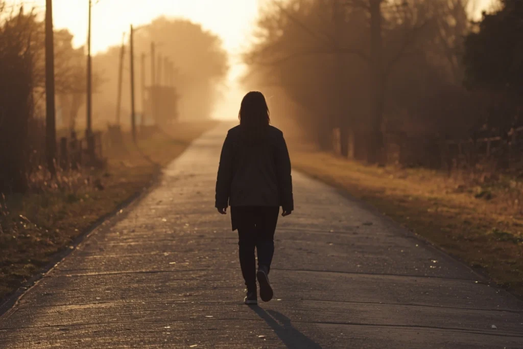Person walking with steady purpose along an open path in morning light, posture upright and forward-facing