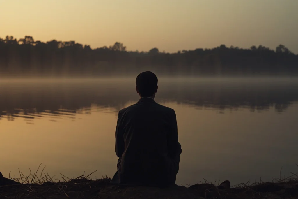 Person seated at edge of calm lake at dusk, viewed from behind, still water reflecting amber and grey light