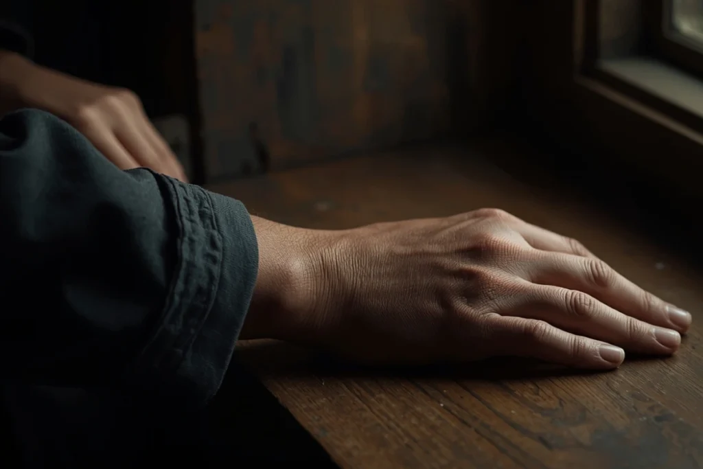 Partial figure, person's hands resting quietly on wooden surface with soft warm side light, still and contemplative