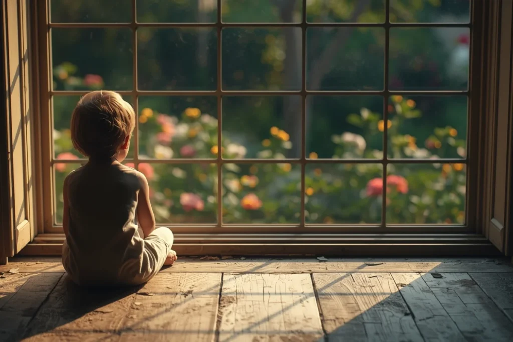 Back-facing child sitting on a windowsill in late afternoon light, looking out at a garden, conveying quiet watchfulness and longing for safety