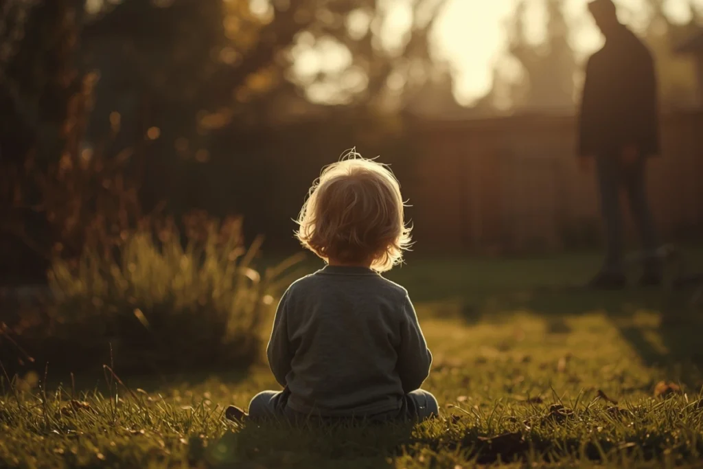 Small child sitting at garden edge in late afternoon light, adult figure in background facing away