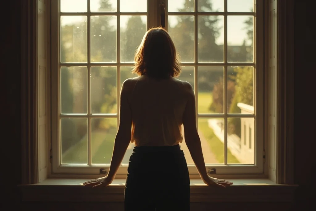 Woman standing at window looking out at sunlit garden path, hands on sill, contemplative stillness