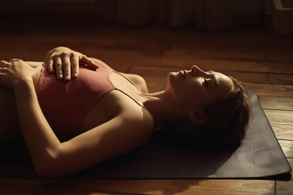 Person lying on yoga mat eyes closed one hand on chest, softly lit room, warm amber light, conscious rest and somatic awareness