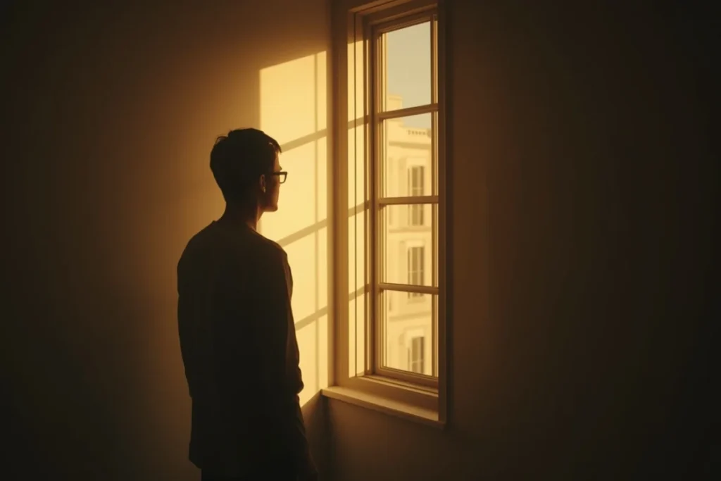 Person standing at the edge of a quiet room, partially in shadow, looking toward a window with warm natural light entering