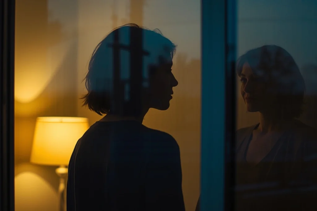 Definitive Guide to Gaslighting | Person looking at their own reflection in a window at dusk, calm, partial profile