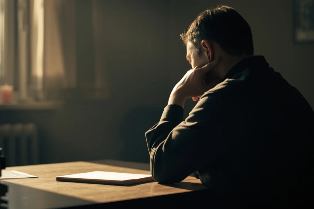 Person at a desk with head resting on one hand, soft window light, calm and introspective