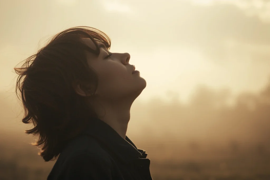 A person looking upward as light breaks through clouds — representing the experience of recognition after narcissistic abuse.