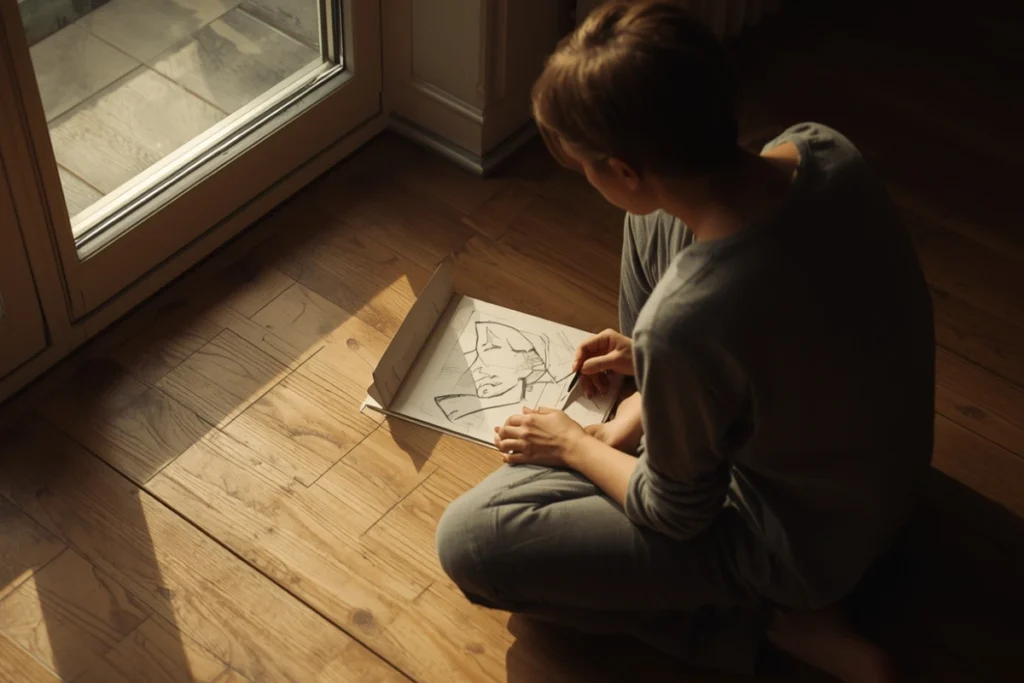 Person sitting cross-legged on a floor with warm natural light, sketchbook open, engaged in quiet creative work