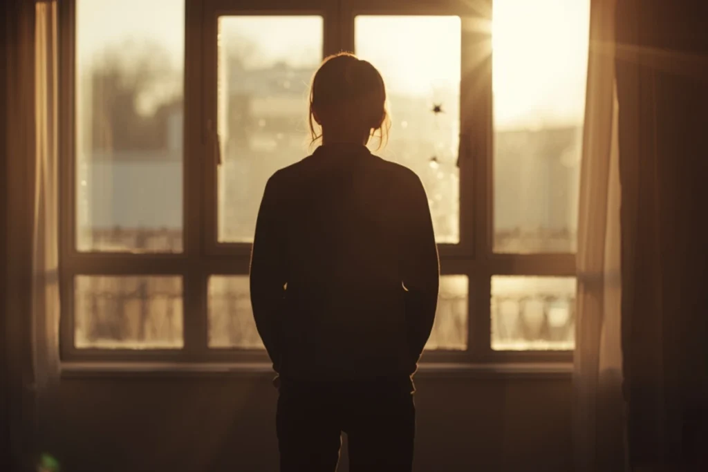 Back-facing person standing before large window in sparse warm room, soft blurred reflection in glass, quiet contemplative scene