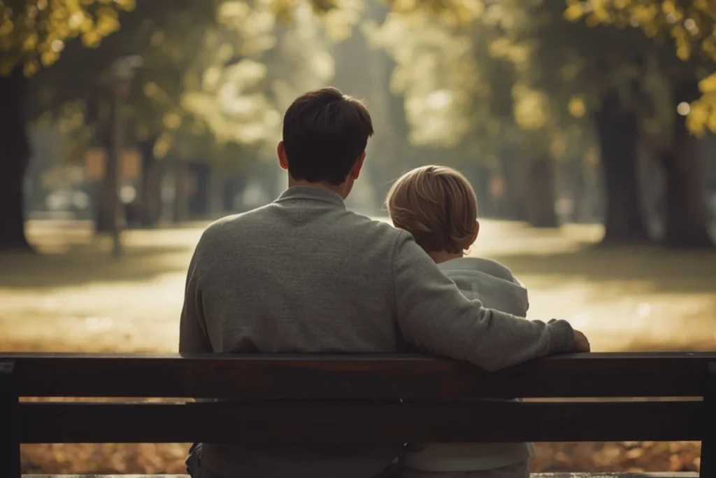 Back-facing parent and small child on a park bench in dappled light, parent's arm around child, both looking out at a calm outdoor scene