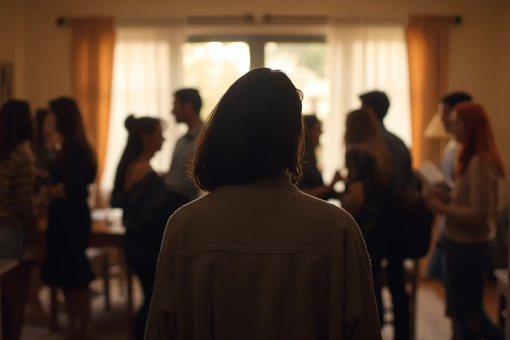 Person standing apart from warm social gathering, soft interior light, subtle sense of exclusion