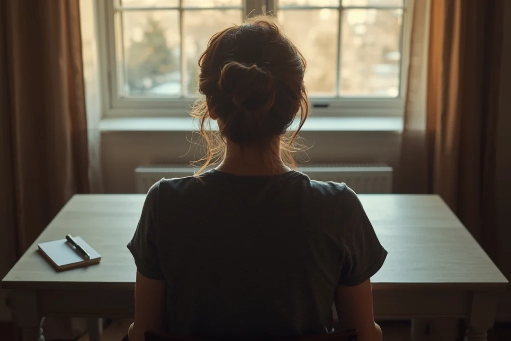 Woman seated at wooden desk with notebook in warm morning window light, upright purposeful posture
