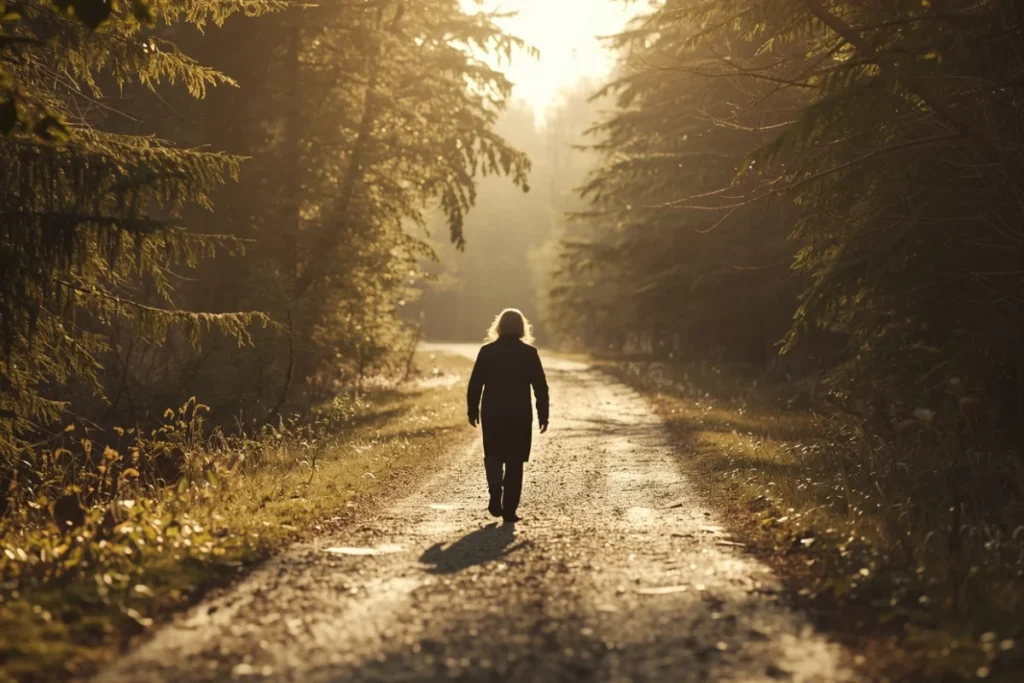 Person walking forest path back-facing, afternoon sunlight dappled, wide path curving toward light, deliberate and unhurried movement