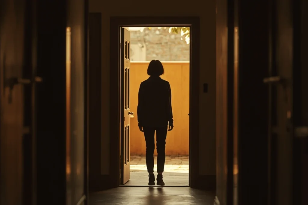 Person standing in an open doorway, partially turned away, warm light visible outside, poised quietly at the threshold