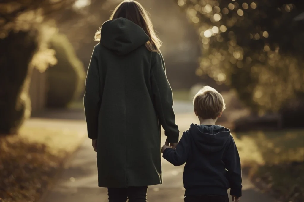Definitive Guide to Gaslighting | Adult and child walking together on a path, back-facing, soft afternoon light, calm