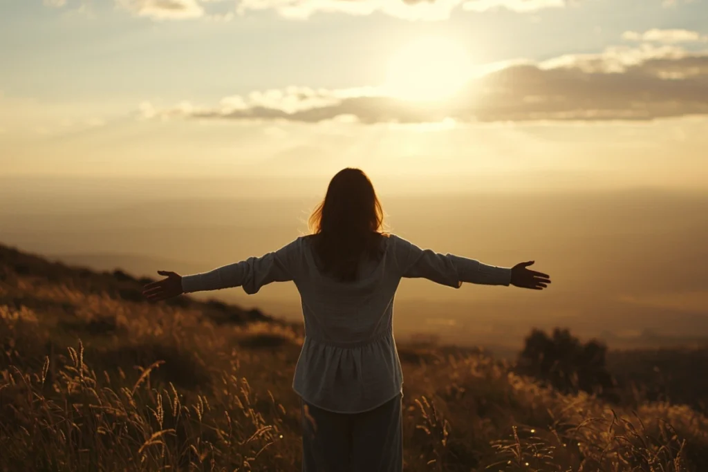 Person seen from behind standing in an open meadow at sunrise, arms slightly spread, wide sky above