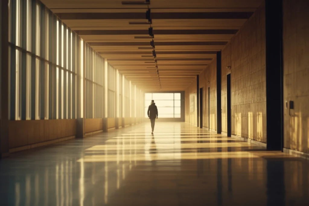 Person walking alone through wide corridor with tall windows, soft afternoon light, viewed from the side
