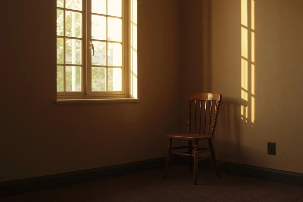 Single wooden chair beside tall window in sparse room, soft afternoon light casting warm angle across empty chair, quiet and still