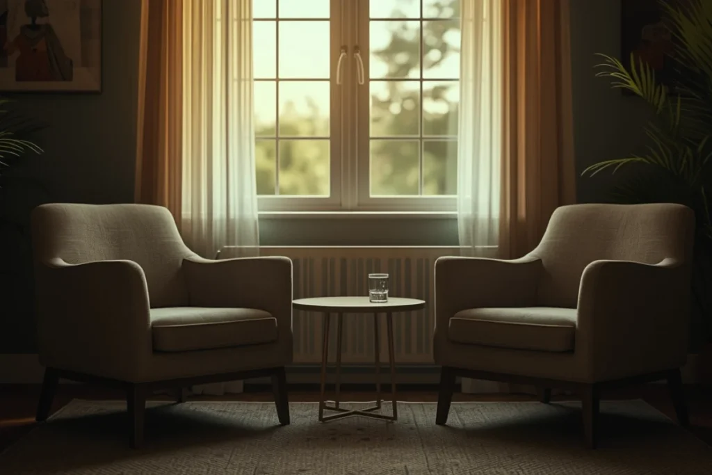 Two armchairs in a softly lit therapy room near a warm afternoon window, empty but welcoming, conveying safety and readiness for healing