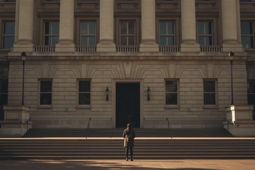 Single person standing before large stone institutional building, warm afternoon light, scale contrast
