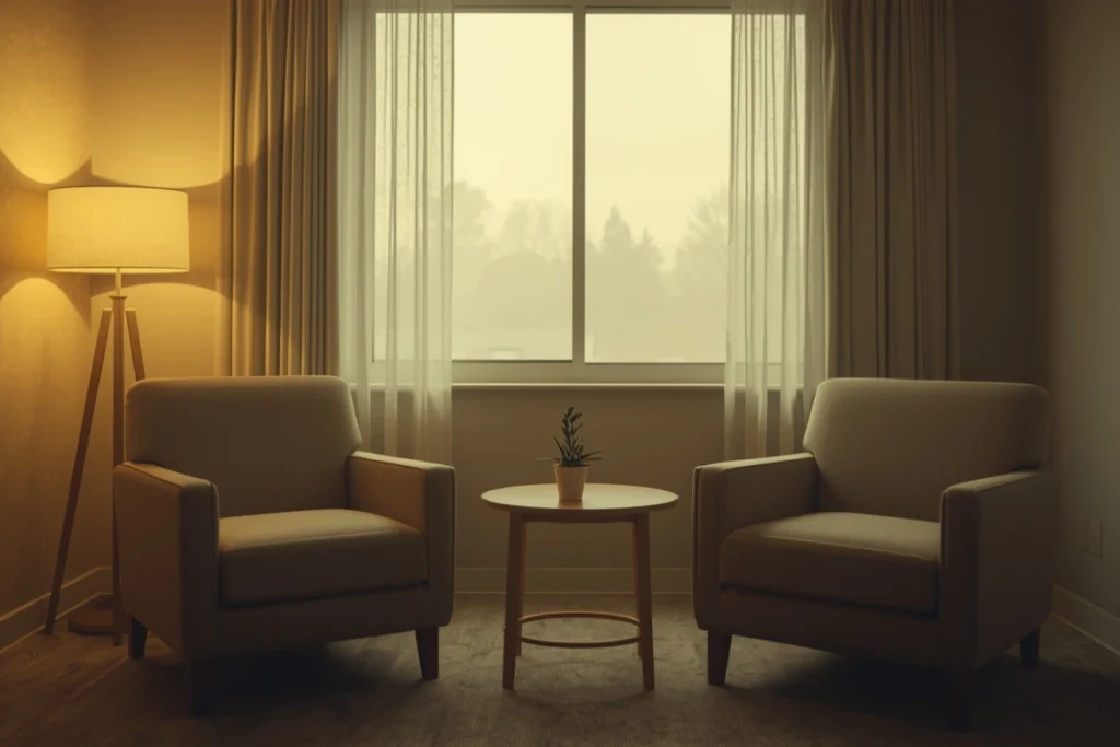 Warmly lit therapy room with two chairs facing each other, small plant on table, soft golden lamp light