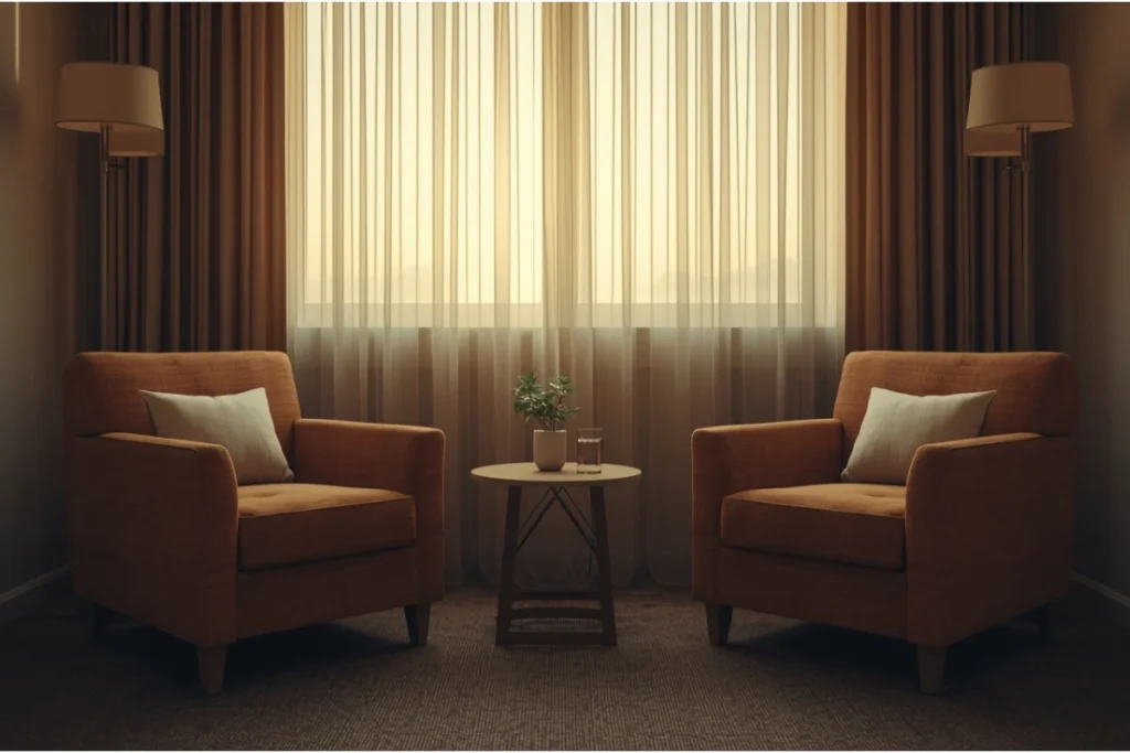 Softly lit therapy room with two armchairs facing each other, low table with small plant, afternoon sunlight through sheer curtains