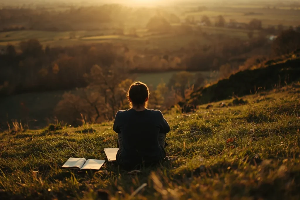 Person sitting on a grassy hillside in afternoon light, partially turned away, looking over a wide open landscape with a journal nearby