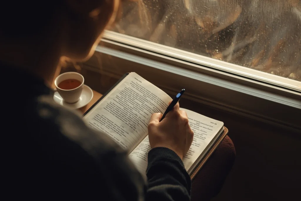 Definitive Guide to Gaslighting | Person writing in a journal by a window with morning light, partial profile, calm and focused