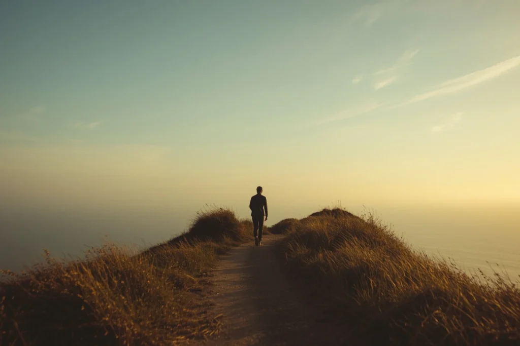 A back-facing figure walking a coastal path toward open horizon — representing the healing journey after narcissistic abuse.