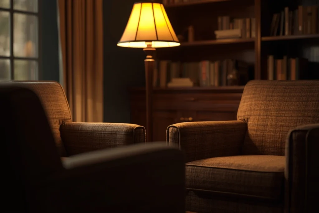 Softly lit therapy room with two chairs angled toward each other, warm lamp glowing, calm and welcoming