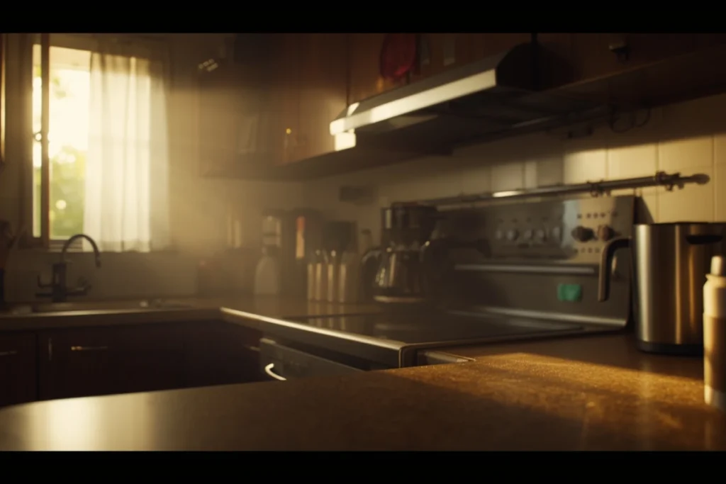 Quiet domestic kitchen in early morning light, single coffee cup on counter, warm amber tones, no people