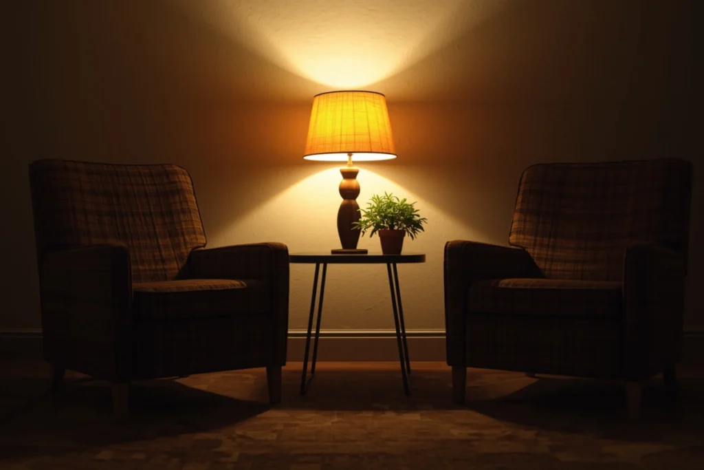 Two chairs angled toward each other in warmly lit room with low amber lamp and small plant, quiet inviting therapy space, no people present