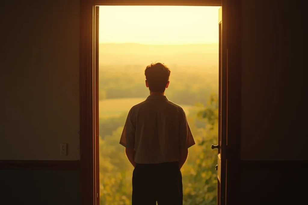 Back-facing adult in an open doorway looking out onto a wide green landscape in golden light, suggesting a threshold between past and future