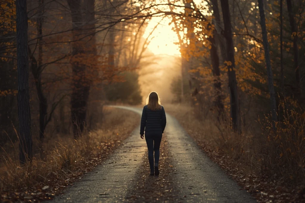 Person walking woodland path in autumn, warm sunlight ahead through tree canopy, purposeful forward movement