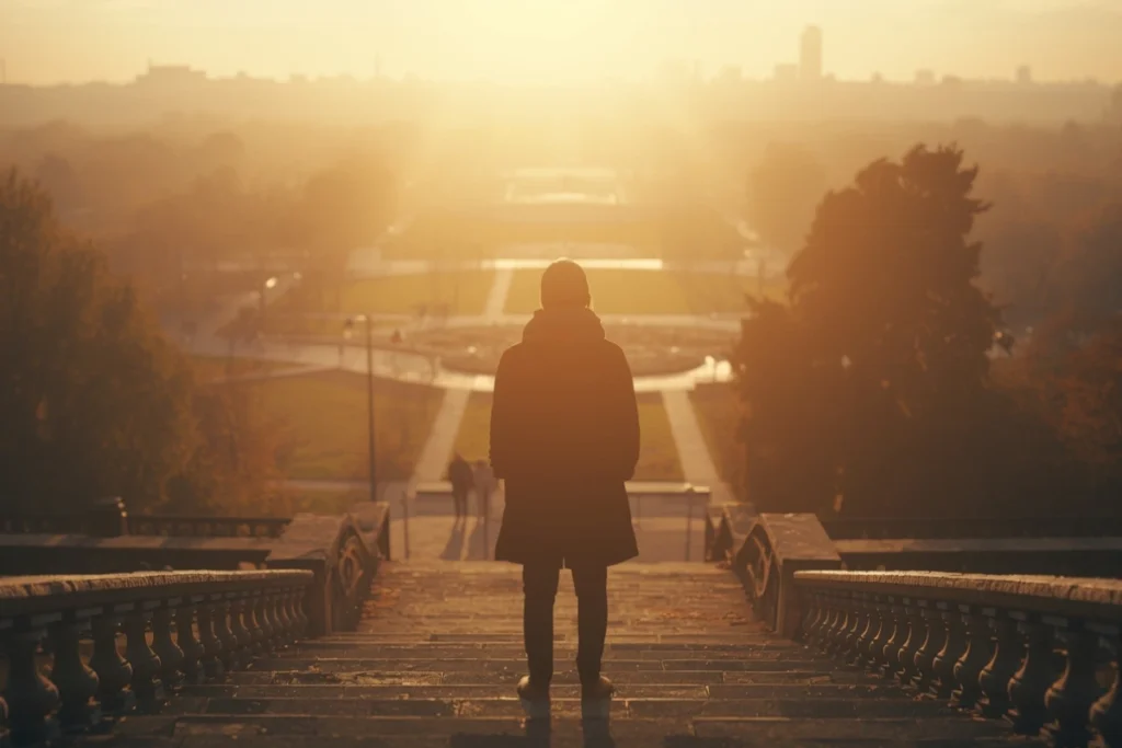 Person standing at top of stone steps looking out over wide sunlit park in warm morning light