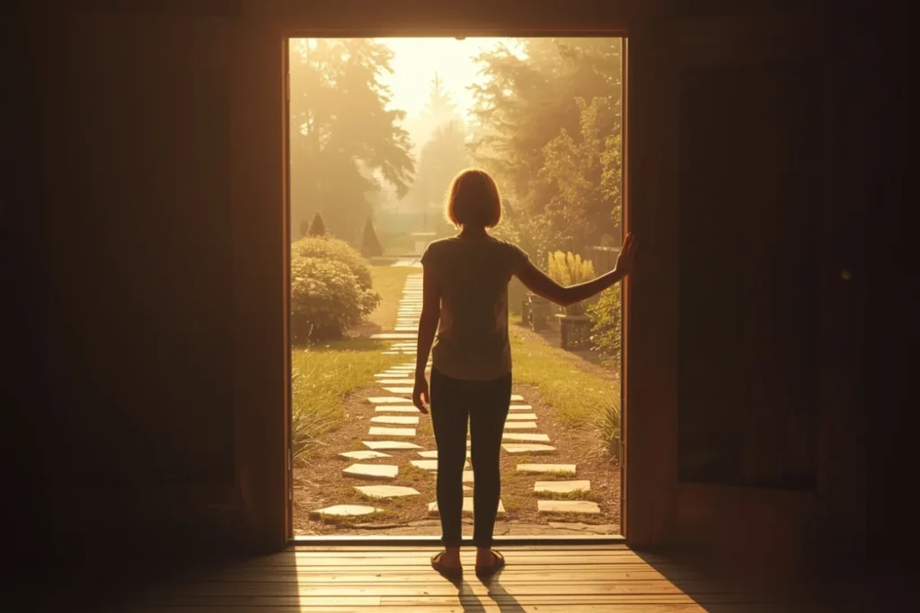 Person back-facing at wooden doorway threshold, sunlit garden paths beyond, warm afternoon light, multiple paths visible ahead