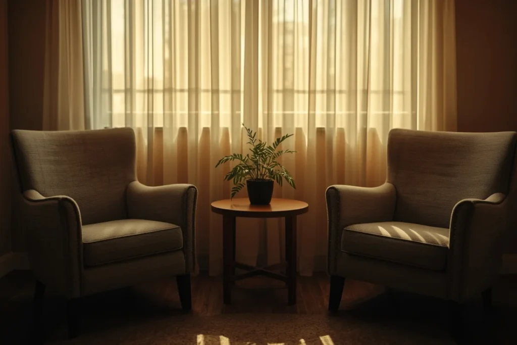 Softly lit therapy room with two comfortable chairs facing each other, a small plant on a table between them, warm afternoon light through sheer curtains