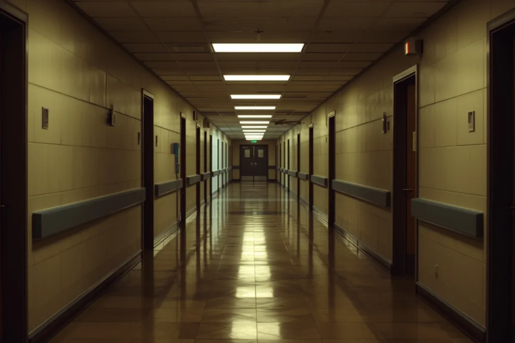 Definitive Guide to Gaslighting | Wide shot of empty institutional corridor with rows of doors, warm ambient light, calm