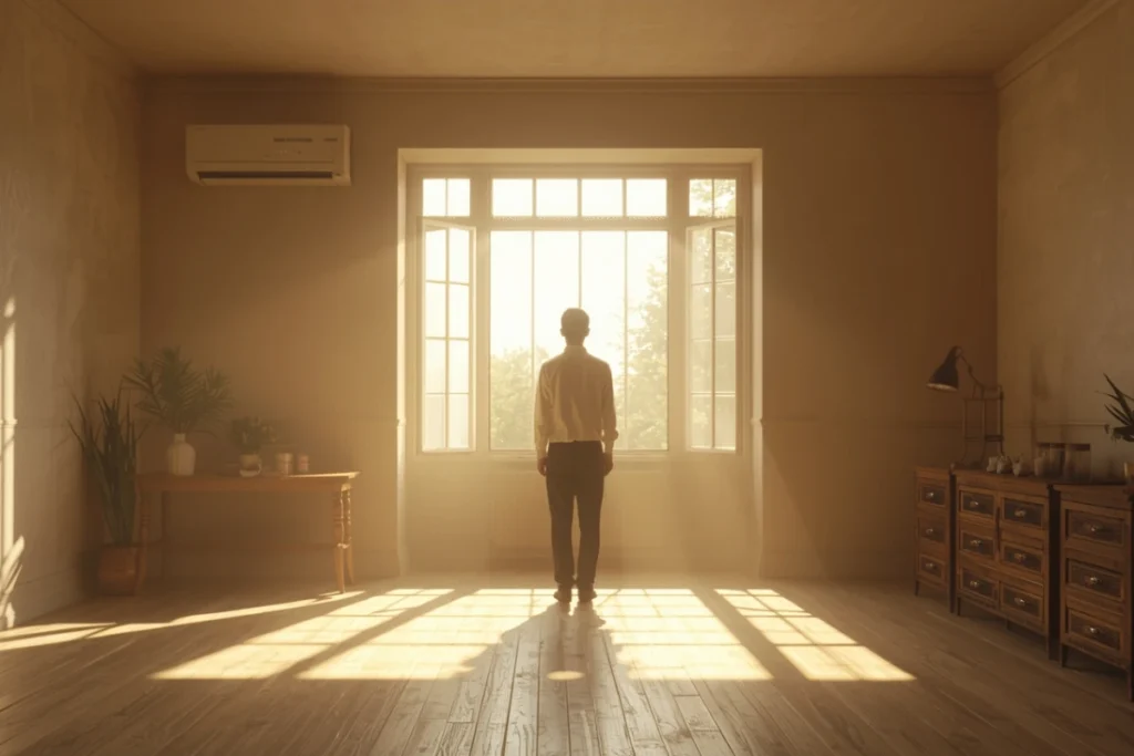 A person facing an open window in a bright room — representing the purposeful rebuilding of life after narcissistic abuse.