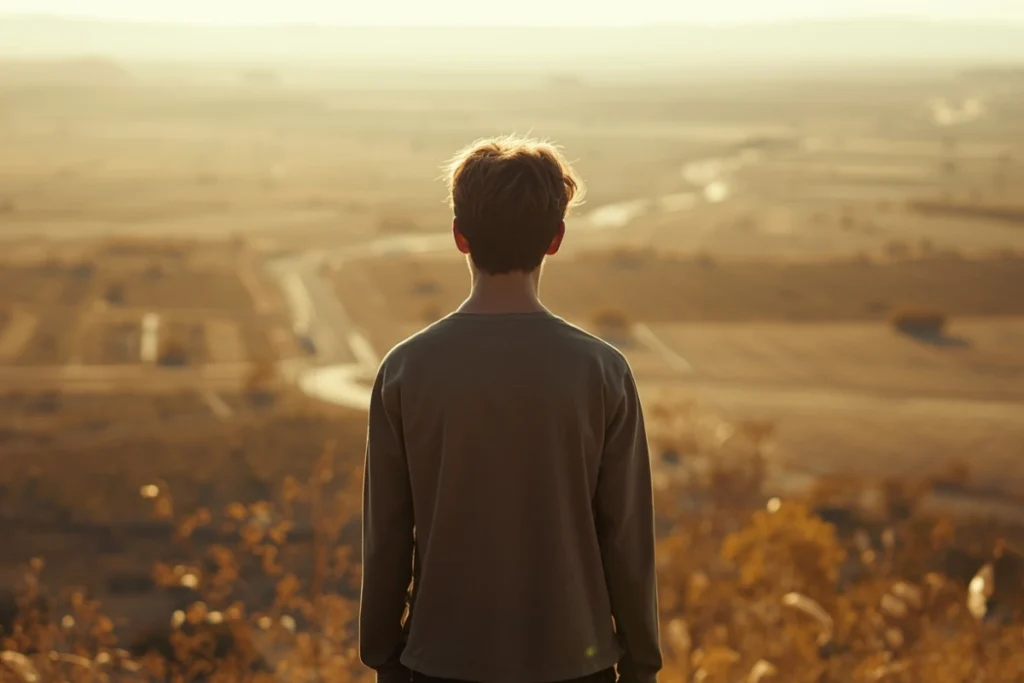 Person at a high vantage point looking out over a wide landscape with paths visible below in warm afternoon light