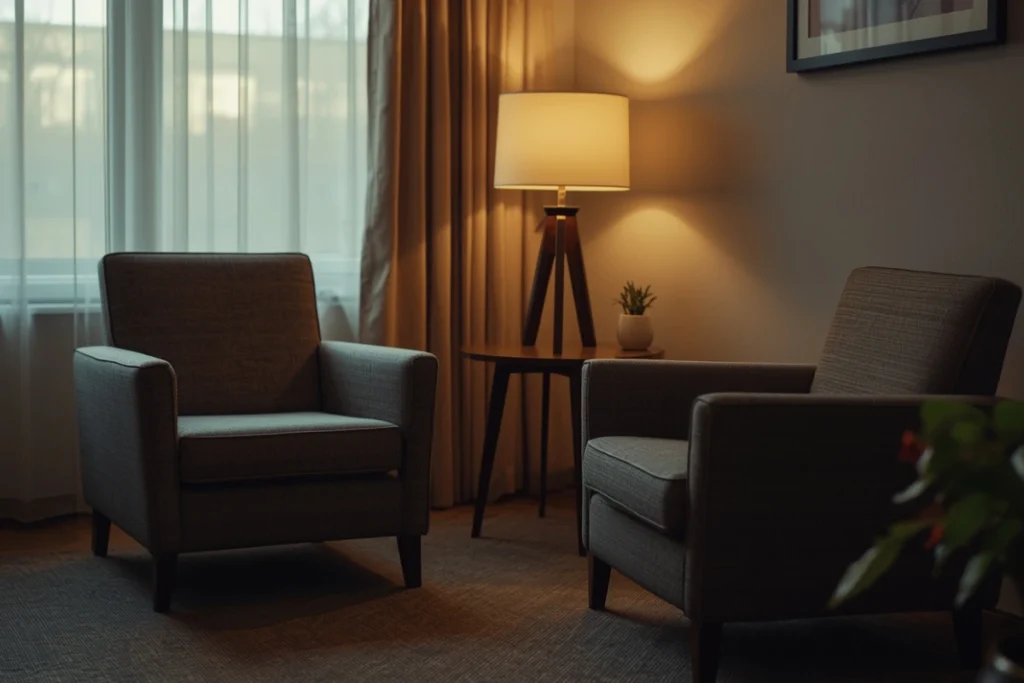 Softly lit therapy room with two armchairs and warm lamp light, small plant near window, no people