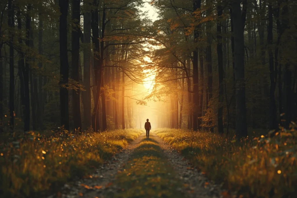Back-facing person standing at entrance to wide woodland path with dappled morning light ahead, clear path through tall trees, warm greens and golds