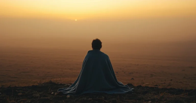 Person sitting at dawn edge of misty landscape, back-facing, wrapped in blanket, soft morning light breaking on the horizon
