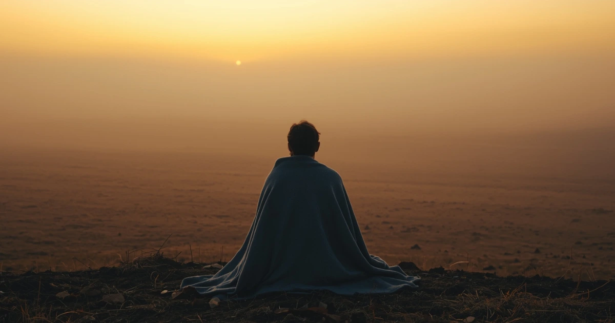 Person sitting at dawn edge of misty landscape, back-facing, wrapped in blanket, soft morning light breaking on the horizon