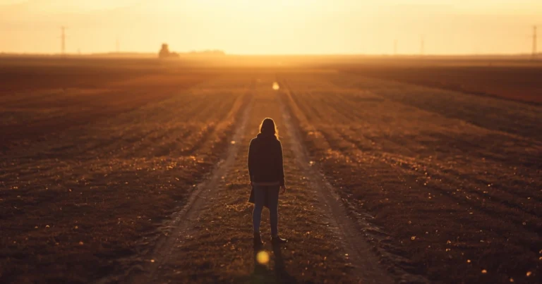 Person standing at threshold of wide open field at dusk, multiple paths ahead, warm golden light