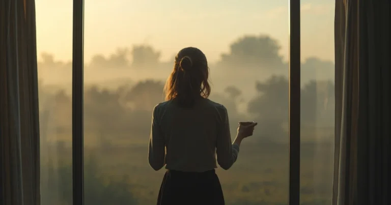 Woman standing at a wide window in soft morning light, back to camera, holding a cup of tea, looking out at an open misty landscape