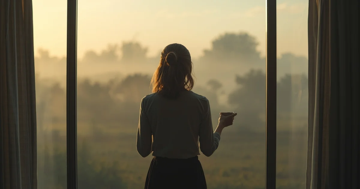 Woman standing at a wide window in soft morning light, back to camera, holding a cup of tea, looking out at an open misty landscape