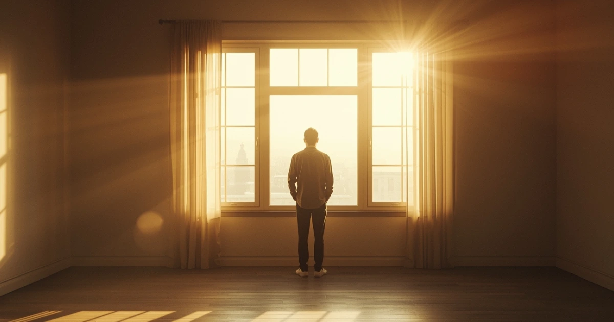 a lone figure standing at a large window in soft morning light