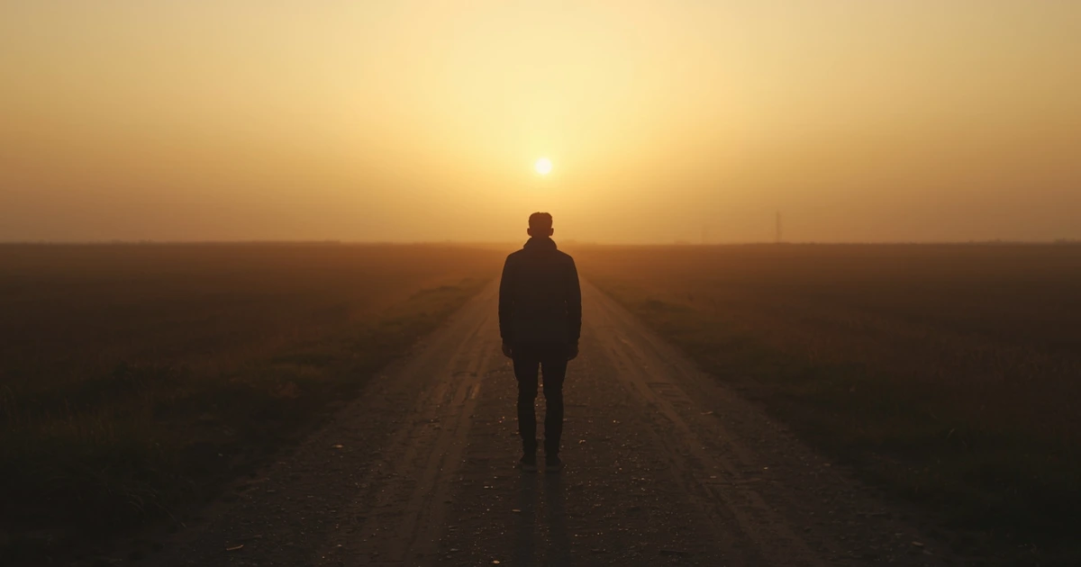 Person seen from behind standing on a wide open path at first light, warm glow ahead